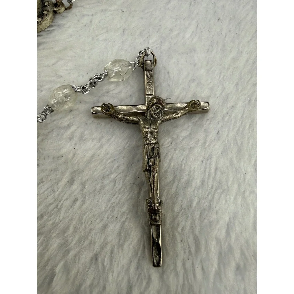 Vintage Italy Rosary Clear Faceted Plastic Beads Silver Tone Sacred Heart READ